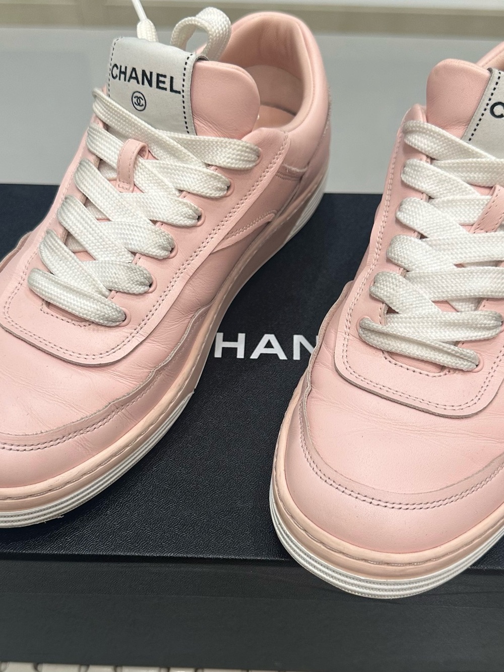 CHANEL Soft Pink Leather Sneakers with White Laces Size 39.5